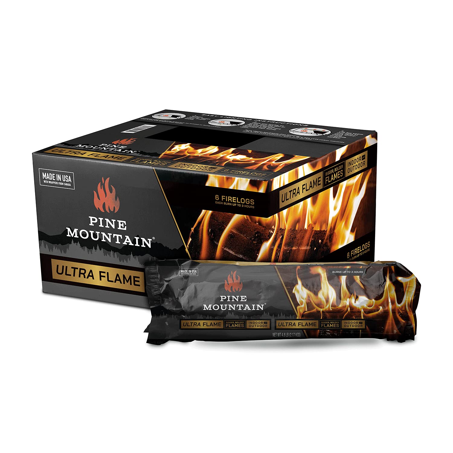 Pine Mountain Ultraflame 3-Hour Firelogs, Long Burning Firelog For Campfire, Fireplace, Fire Pit, Indoor&Outdoor Use, 6 pack