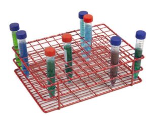 heathrow scientific epoxy-coated steel wire tube rack, 108 wells, 16mm well diameter, red