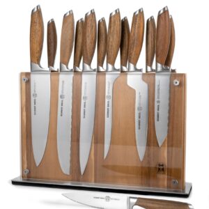 Schmidt Brothers - Bonded Teak, 15-Piece Knife Set, High-Carbon Stainless Steel Cutlery with Acacia and Acrylic Magnetic Knife Block and Knife Sharpener