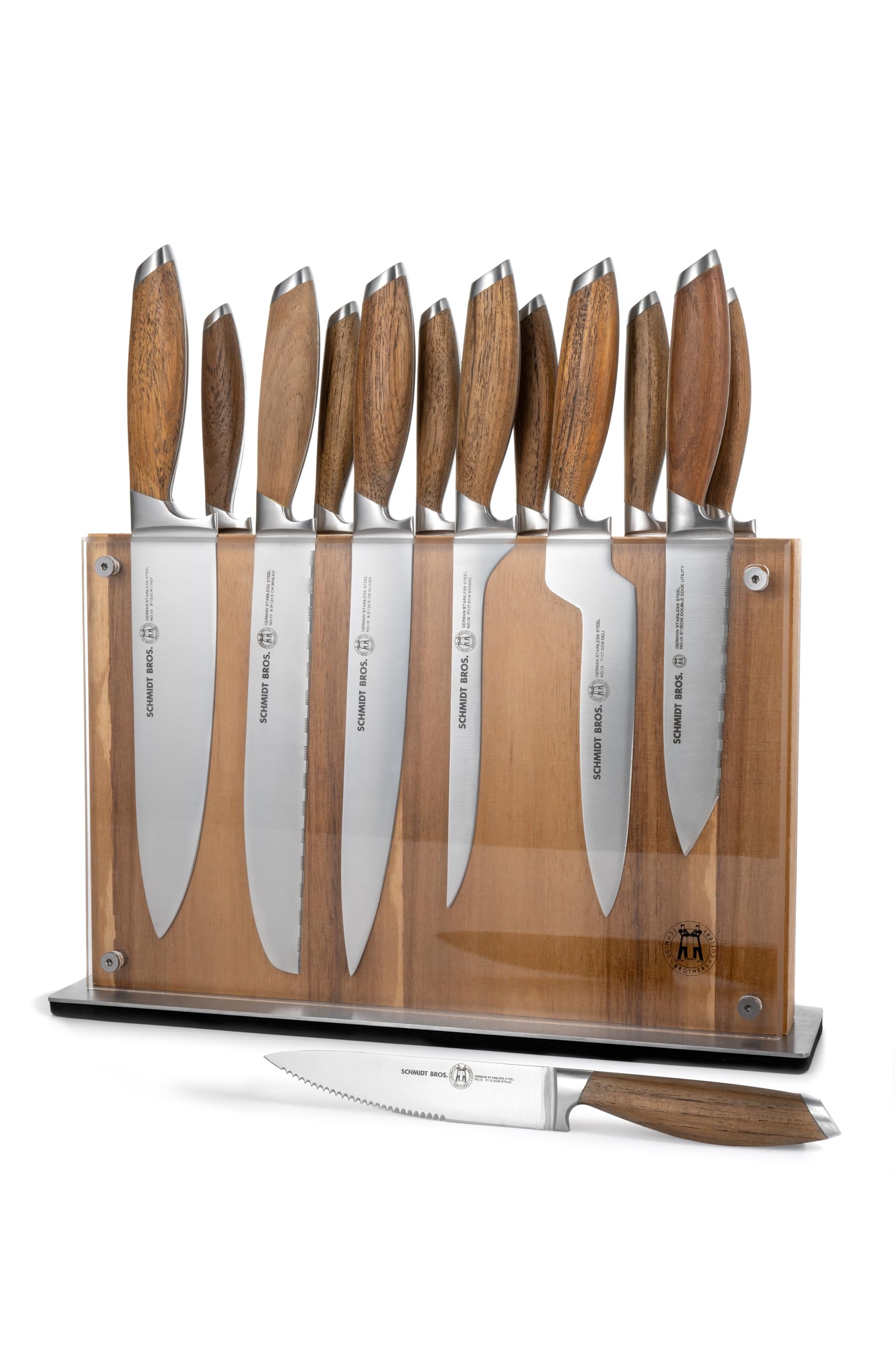 Schmidt Brothers - Bonded Teak, 15-Piece Knife Set, High-Carbon Stainless Steel Cutlery with Acacia and Acrylic Magnetic Knife Block and Knife Sharpener