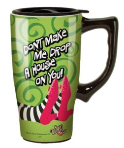 spoontiques drop a house on you ceramic travel coffee mug with lid and handle - wizard of oz double walled mug for hot and cold beverages - microwave and dishwasher safe, spill proof lid