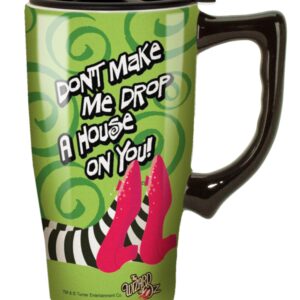 Spoontiques Drop A House On You Ceramic Travel Coffee Mug with Lid and Handle - Wizard of Oz Double Walled Mug for Hot and Cold Beverages - Microwave and Dishwasher Safe, Spill Proof Lid