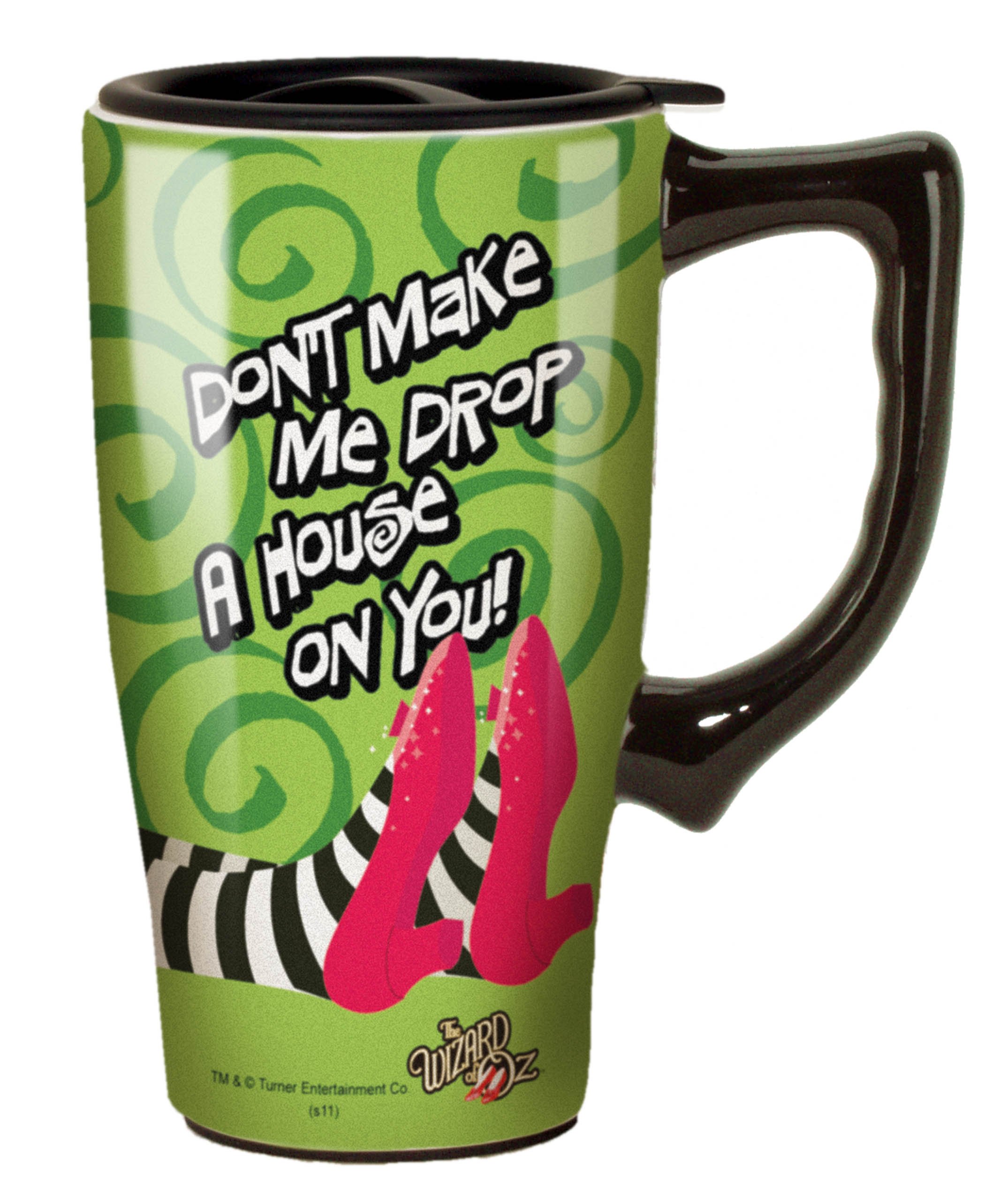 Spoontiques Drop A House On You Ceramic Travel Coffee Mug with Lid and Handle - Wizard of Oz Double Walled Mug for Hot and Cold Beverages - Microwave and Dishwasher Safe, Spill Proof Lid