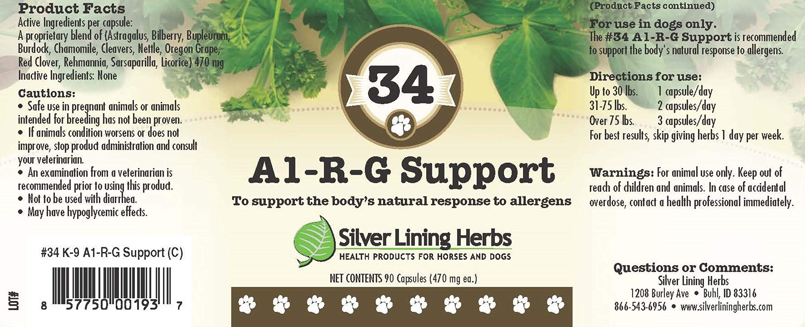 Silver Lining Herbs 34 Canine Al-R-G - Herbal Allergy Supplement for Dogs - Natural Allergy Support for Dogs - Boosts a Dog's Healthy, Normal, and Natural Response to Allergens - 90 Capsules