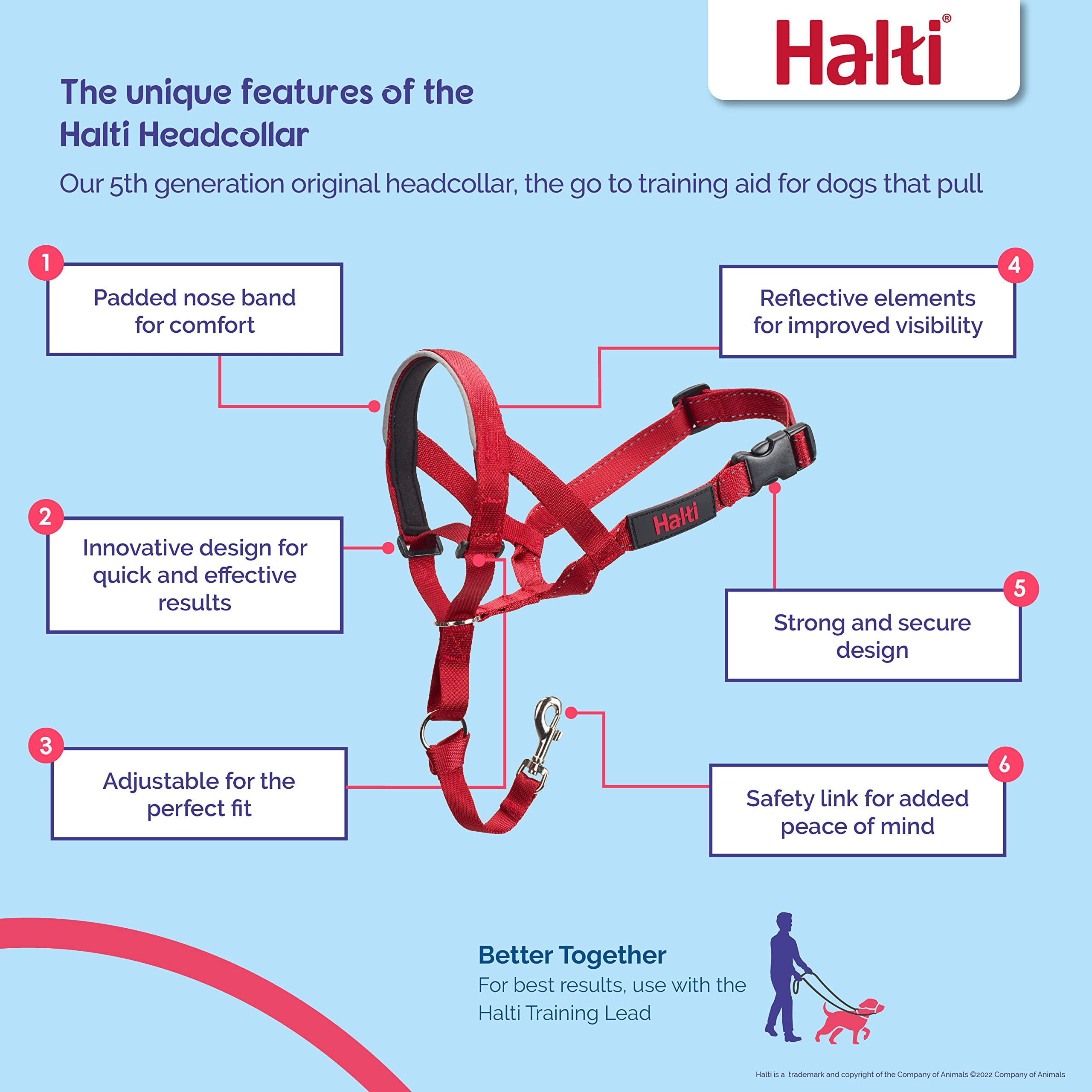 HALTI Headcollar - To Stop Your Dog Pulling on the Leash. Adjustable, Reflective and Lightweight, with Padded Nose Band. Dog Training Anti-Pull Collar for Medium Dogs (Size 3, Red)