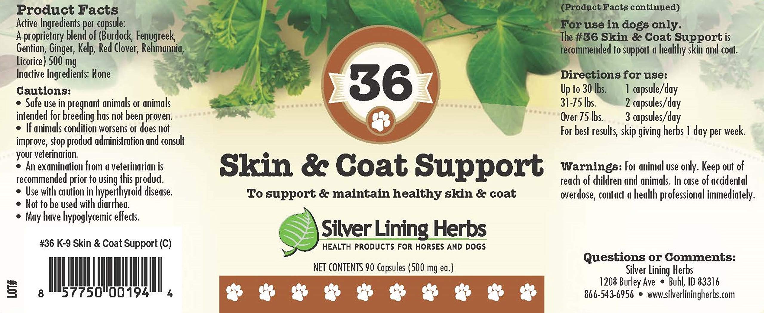 Silver Lining Herbs 36 Canine Skin & Coat Support - Natural Herbal Supplement to Fortify Dogs Against The Environment - Herbal Skin and Coat Supplement for Dogs - 90 Capsules