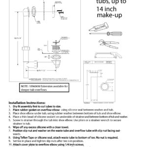 Westbrass 594244-01 14" White Tubular Bath Waste & Overflow Assembly with Twist & Close Drain Plug and 2-Hole Faceplate, Polished Brass