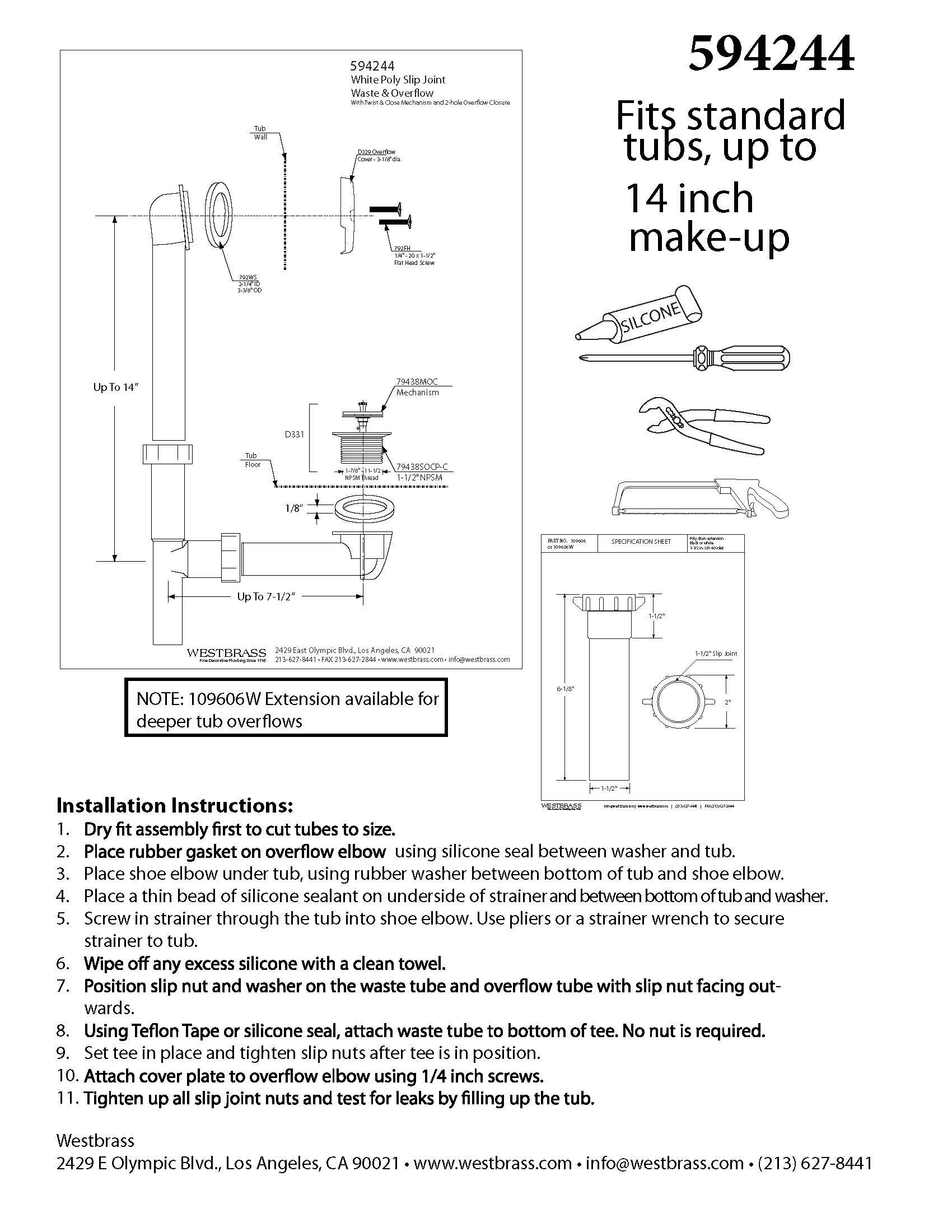 Westbrass 594244-01 14" White Tubular Bath Waste & Overflow Assembly with Twist & Close Drain Plug and 2-Hole Faceplate, Polished Brass