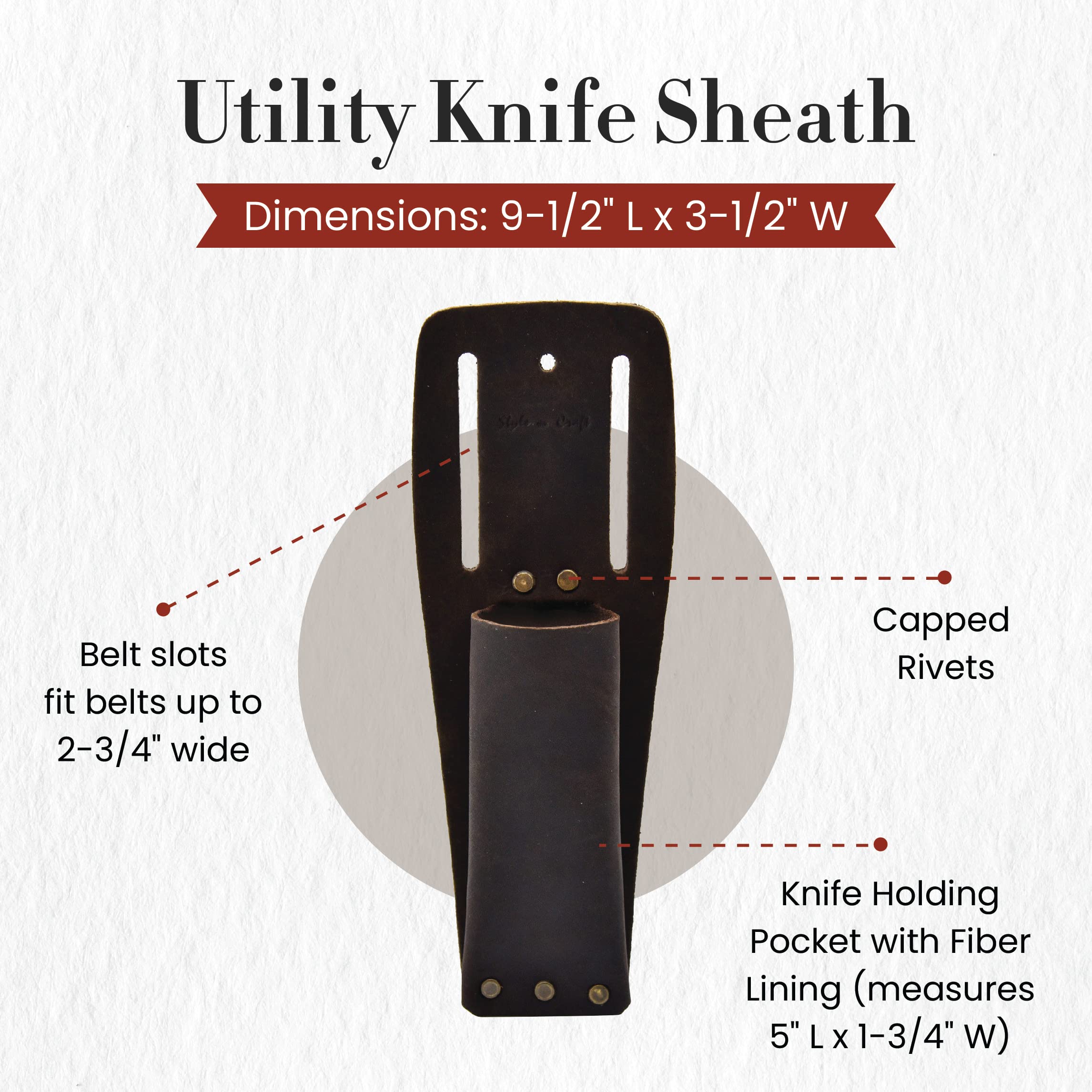 Style n Craft Utility Knife Sheath, Full-Grain Oiled Leather Knife Sheath, Compatible with Most Curved-Handle Knives (#70010), Dark Brown