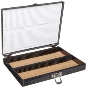 heathrow scientific 100 place microscope slide box, cork lining, nickel-plated clasp, black