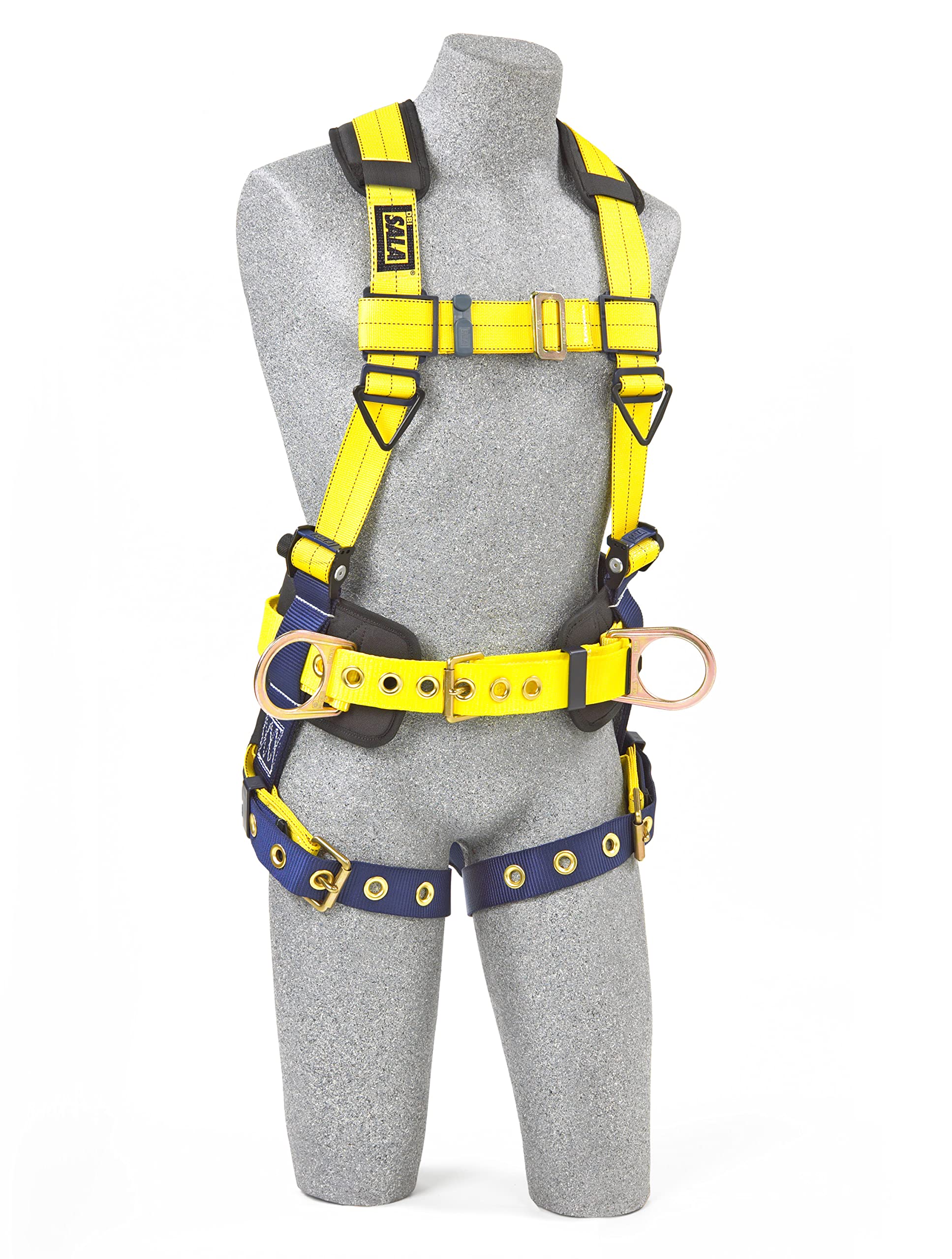 3M DBI-SALA Delta 1102201 Construction Harness, Back and Side D-Rings, Tongue Buckle Legs, Body Belt and Hip Pad, 420 lb Capacity, Small, Yellow/Navy