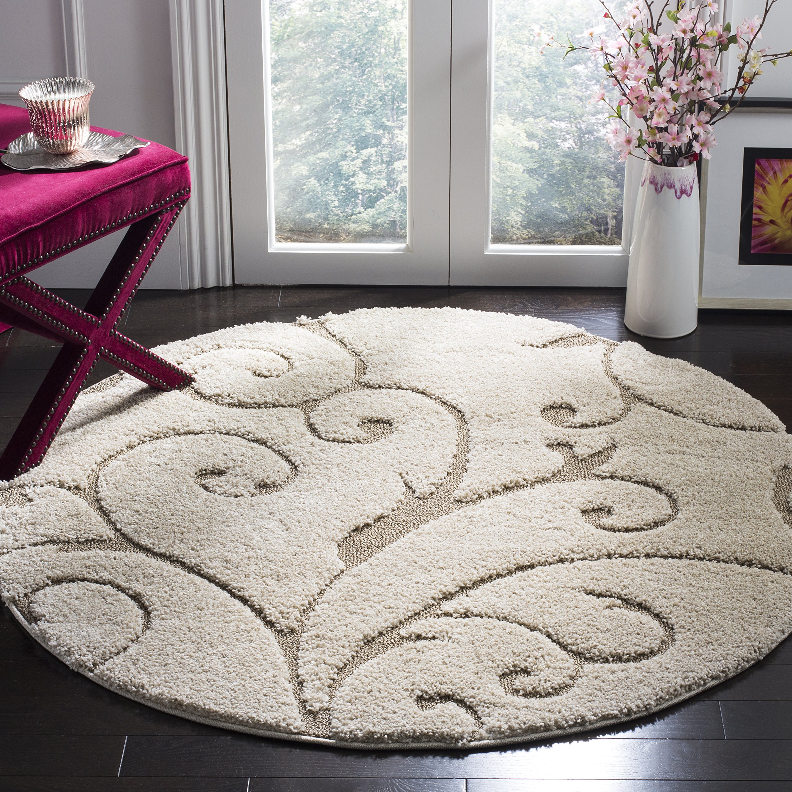 SAFAVIEH Florida Shag Collection Area Rug - 6'7" Round, Cream & Beige, Scroll Design, Non-Shedding & Easy Care, 1.2-inch Thick Ideal for High Traffic Areas in Living Room, Bedroom (SG455-1113)