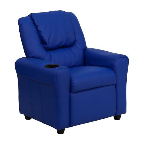 Flash Furniture Vana Vinyl Kids Recliner with Cup Holder, Headrest, and Safety Recline, Contemporary Reclining Chair for Kids, Supports up to 90 lbs., Blue