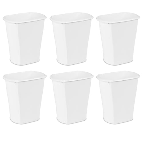 Sterilite 3 Gallon Rectangular Wastebasket, Small Plastic Trash Can for the Bathroom, Bedroom, Dorm Room or Home Office, White, 6-Pack