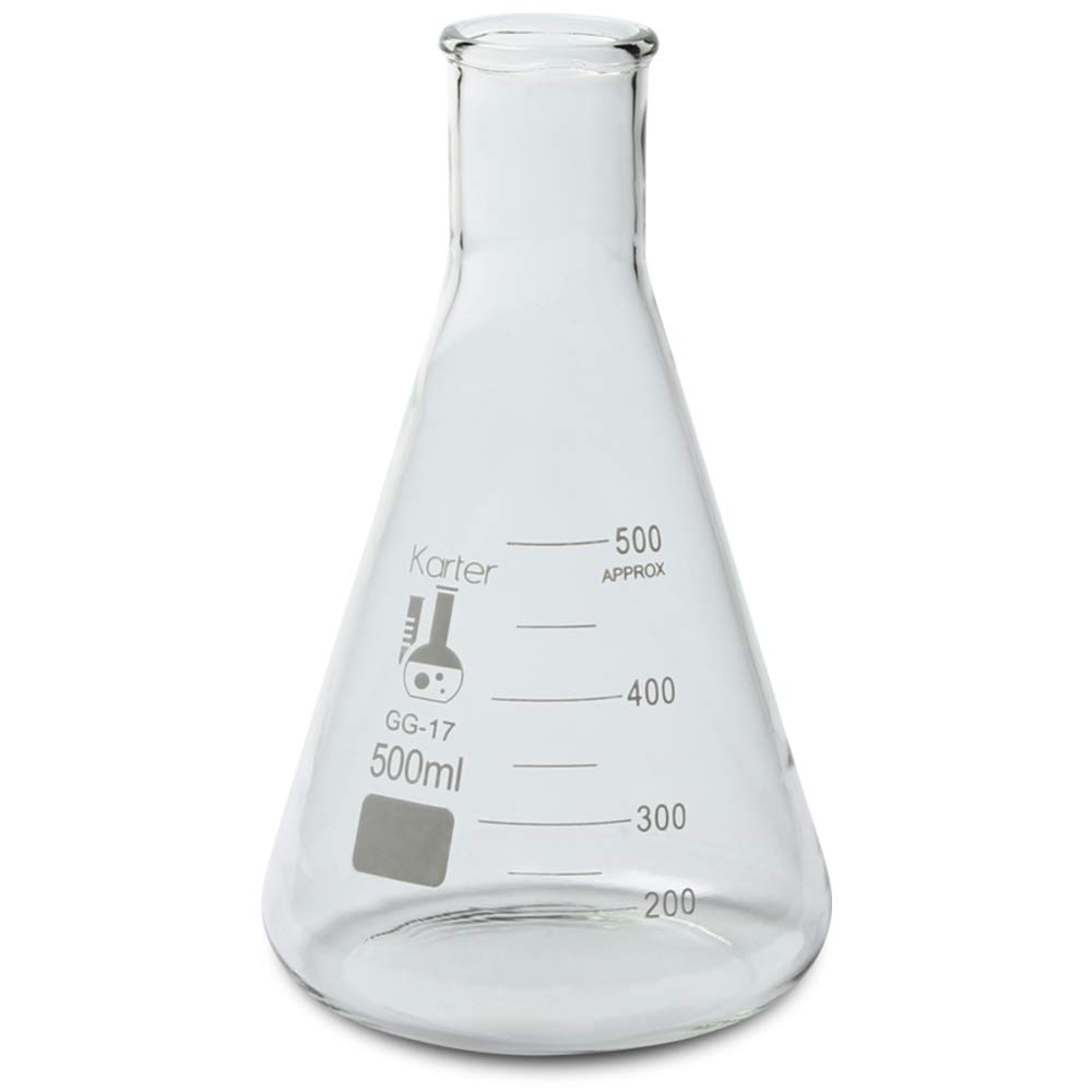 500ml Narrow Mouth Erlenmeyer Flask, 3.3 Borosilicate Glass, Karter Scientific 213G29 (Single)