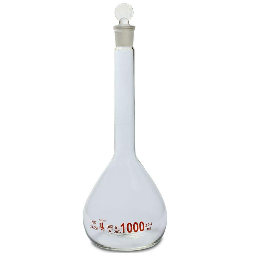 1000ml Volumetric Flask, with Ground Stopper, Karter Scientific 213W12 (Single)