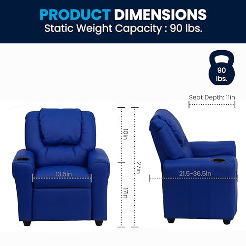 Flash Furniture Vana Vinyl Kids Recliner with Cup Holder, Headrest, and Safety Recline, Contemporary Reclining Chair for Kids, Supports up to 90 lbs., Blue