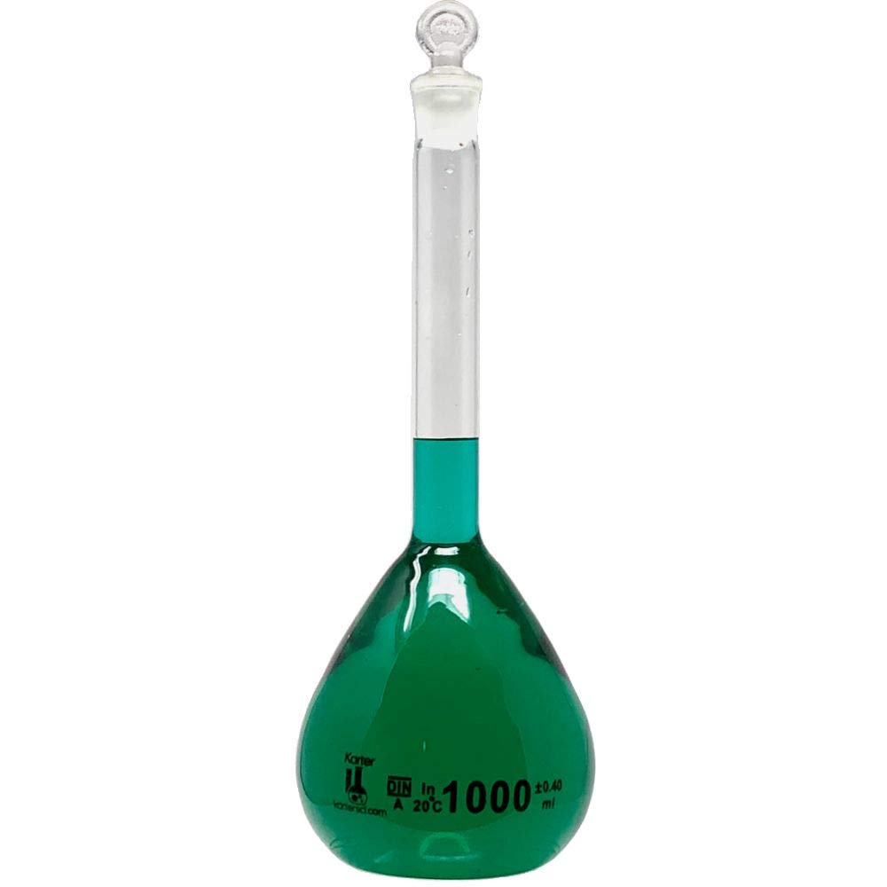 1000ml Volumetric Flask, with Ground Stopper, Karter Scientific 213W12 (Single)