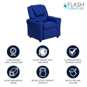 Flash Furniture Vana Vinyl Kids Recliner with Cup Holder, Headrest, and Safety Recline, Contemporary Reclining Chair for Kids, Supports up to 90 lbs., Blue