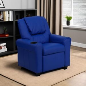 Flash Furniture Vana Vinyl Kids Recliner with Cup Holder, Headrest, and Safety Recline, Contemporary Reclining Chair for Kids, Supports up to 90 lbs., Blue