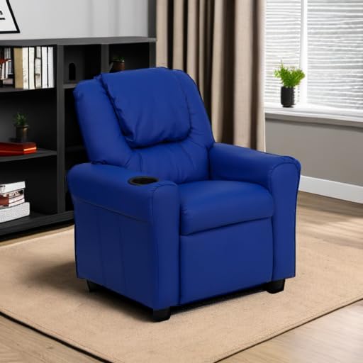 Flash Furniture Vana Vinyl Kids Recliner with Cup Holder, Headrest, and Safety Recline, Contemporary Reclining Chair for Kids, Supports up to 90 lbs., Blue