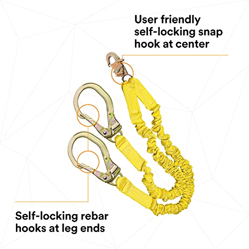 3M DBI-SALA Shockwave 2, 1244412 6' Shock Absorbing Lanyard, Tubular Web, 100% Tie Off w/ Steel Rebar Hooks On Leg Ends, Snap Hook On Other, Yellow