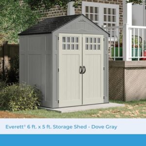 Suncast Everett 6' x 5' Heavy-Duty Resin Outdoor Storage Shed with Pad-Lockable Double Doors and Windows, All-Weather Shed for Yard Storage, Dove Gray