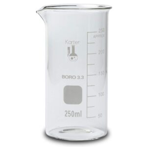 250ml Beaker, Tall Form, 3.3 Borosilicate Glass, Double Scale, Graduated, Karter Scientific 213F13 (Single)