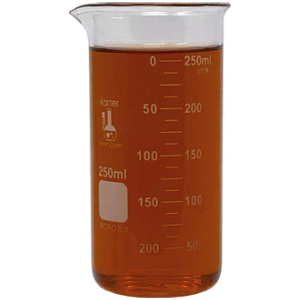 250ml Beaker, Tall Form, 3.3 Borosilicate Glass, Double Scale, Graduated, Karter Scientific 213F13 (Single)