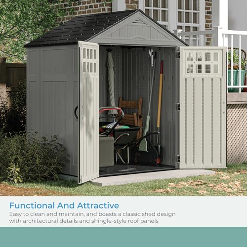 Suncast Everett 6' x 5' Heavy-Duty Resin Outdoor Storage Shed with Pad-Lockable Double Doors and Windows, All-Weather Shed for Yard Storage, Dove Gray