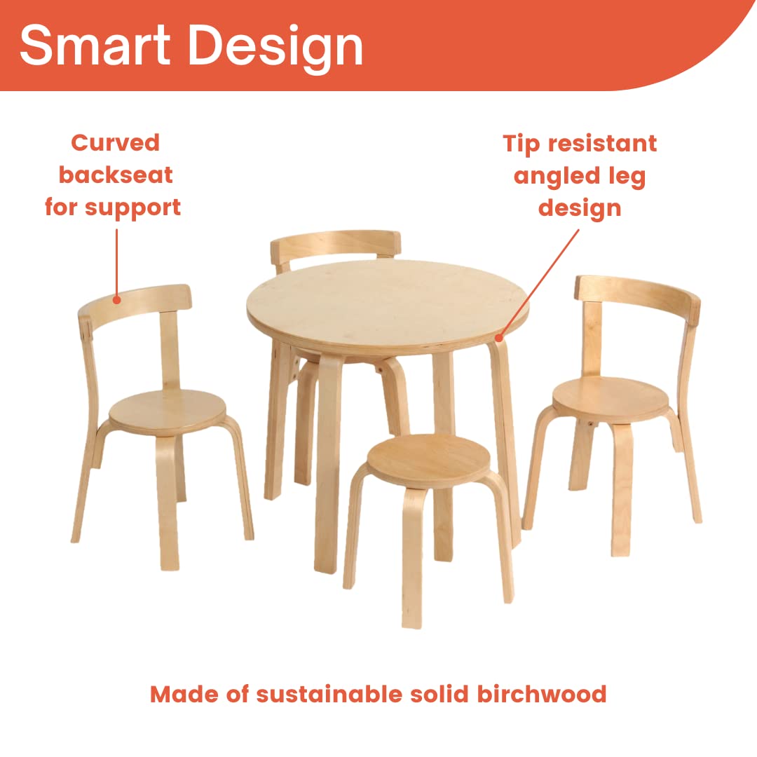 Kids Table and Chair Set - Play with Me Toddler Table with 3 Chairs and Adult Stool for Arts & Activities- Playroom Furniture, Dining Table for Homes, Daycares, Classrooms- 100% Wood (Natural)