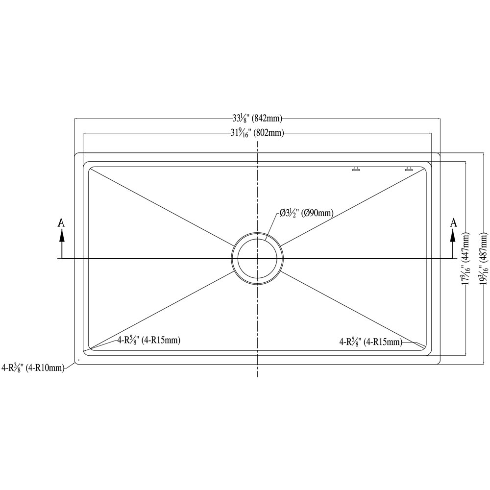 Dawn SRU311710 Undermount Small Corner Radius Single Bowl Sink with Basket, Polished Satin