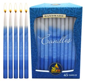 dripless chanukah candles standard size - decorated ombre blue & white hanukkah candles fits most menorahs - premium quality wax - 45 count for all 8 nights of hanukkah - by ner mitzvah