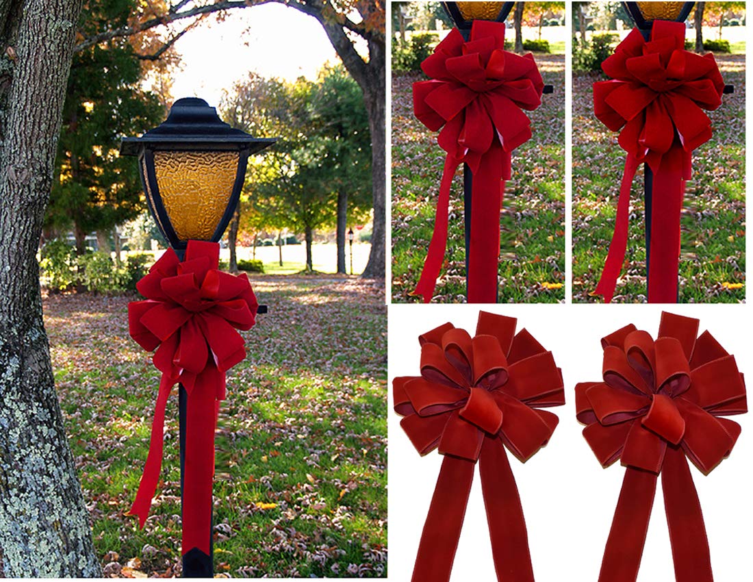 Set of 4 Wired Holiday Red Velvet Christmas Bows - 14 Loops - Outdoor Use - Lasting Color - Hand Tied in The US by Floral Designers