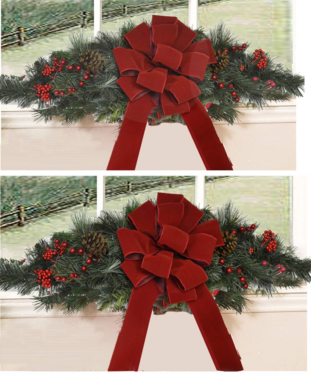 Set of 4 Wired Holiday Red Velvet Christmas Bows - 14 Loops - Outdoor Use - Lasting Color - Hand Tied in The US by Floral Designers