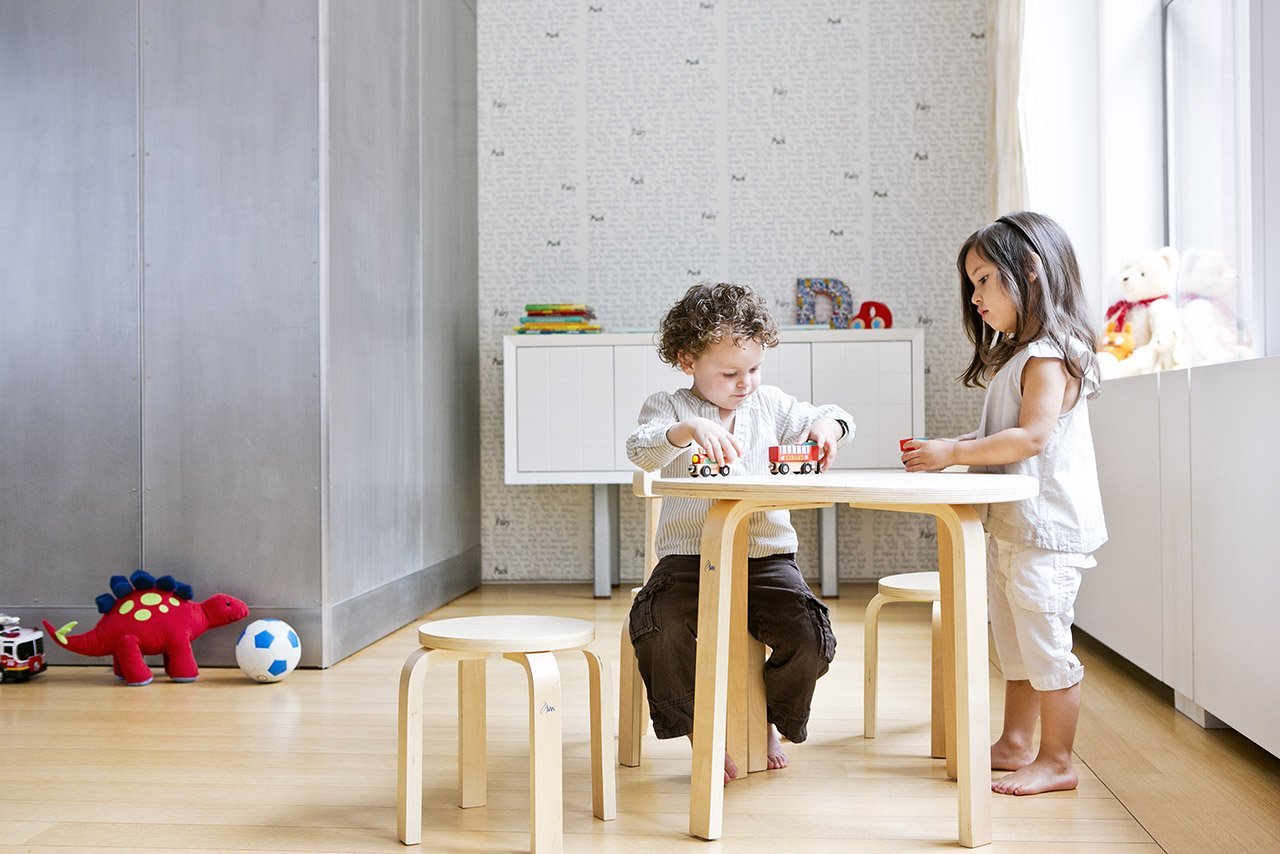 Kids Table and Chair Set - Play with Me Toddler Table with 3 Chairs and Adult Stool for Arts & Activities- Playroom Furniture, Dining Table for Homes, Daycares, Classrooms- 100% Wood (Natural)