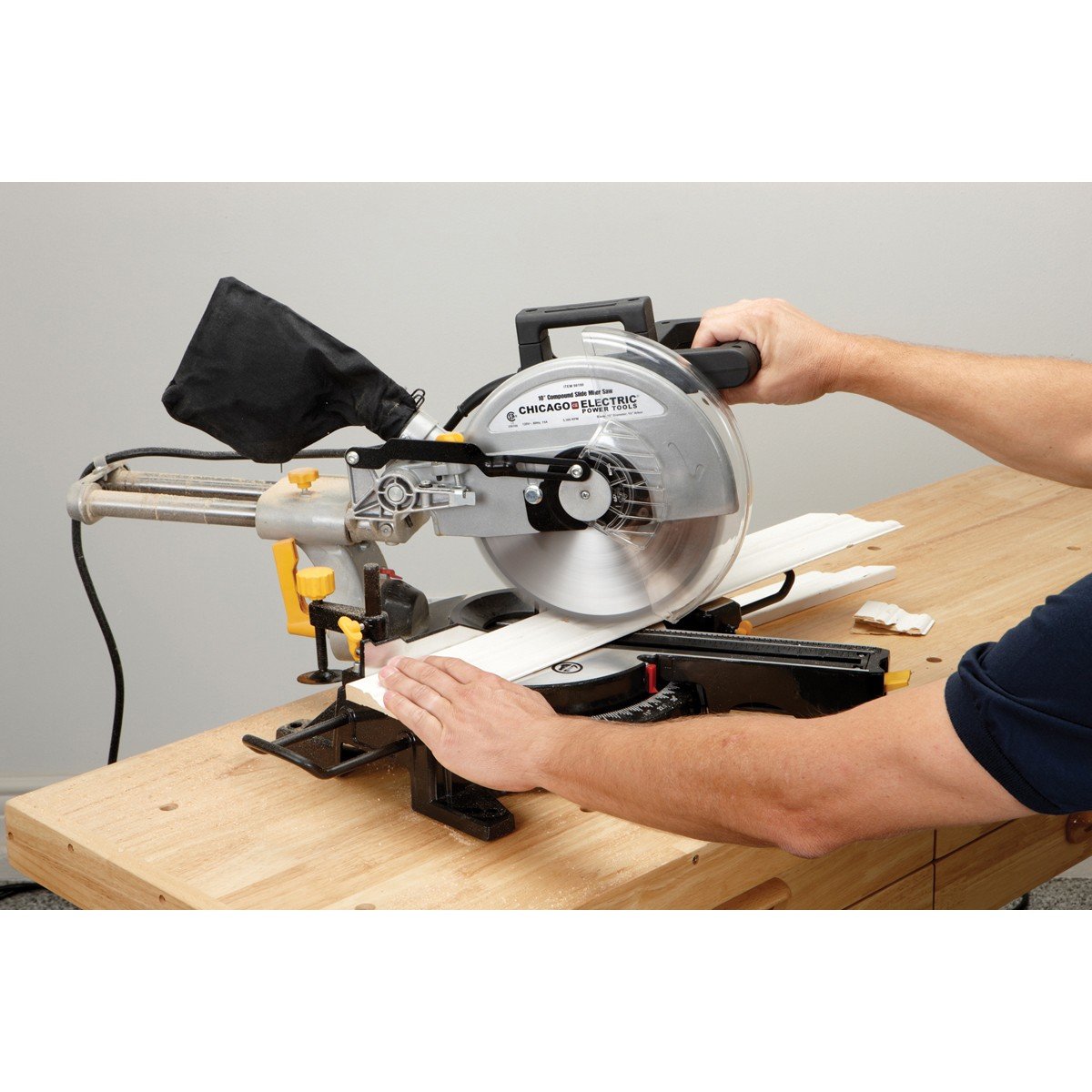 10 Inch Sliding Compound Miter Saw with 45 Degree Bevel and Dust Bag, Extension Bars and Table Clamp