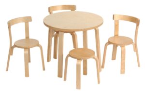 kids table and chair set - play with me toddler table with 3 chairs and adult stool for arts & activities- playroom furniture, dining table for homes, daycares, classrooms- 100% wood (natural)