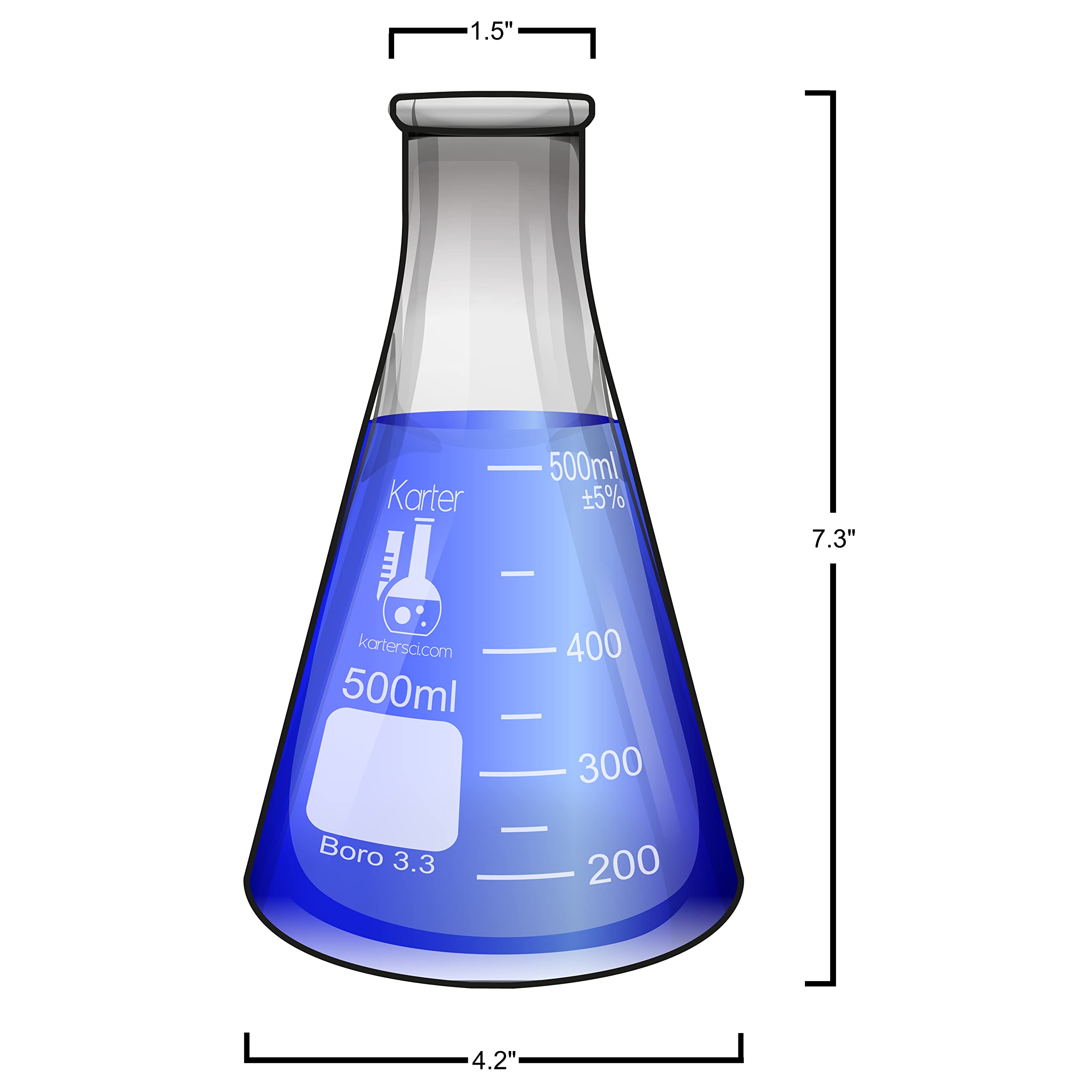 500ml Narrow Mouth Erlenmeyer Flask, 3.3 Borosilicate Glass, Karter Scientific 213G29 (Single)