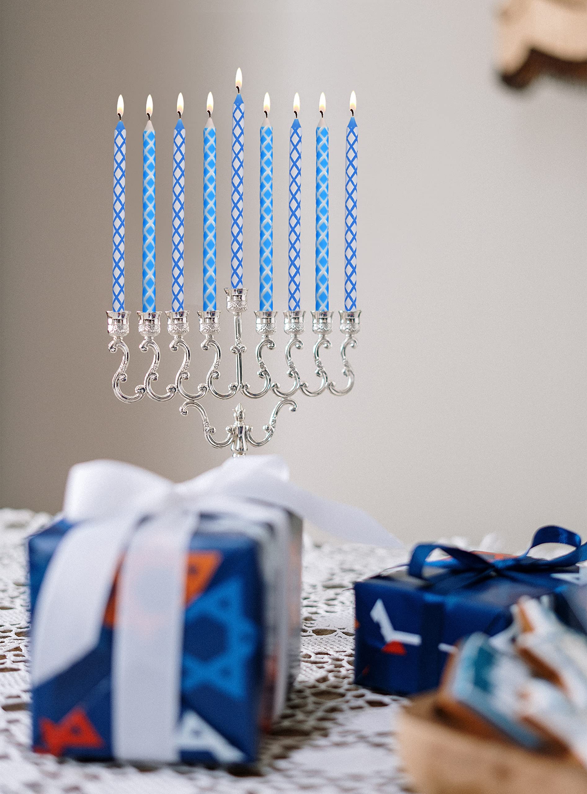 Dripless Chanukah Candles Standard Size - Diamond Etched Blue & White Hanukkah Candles Fits Most Menorahs - Premium Quality Wax - 45 Count for All 8 Nights of Hanukkah - by Ner Mitzvah