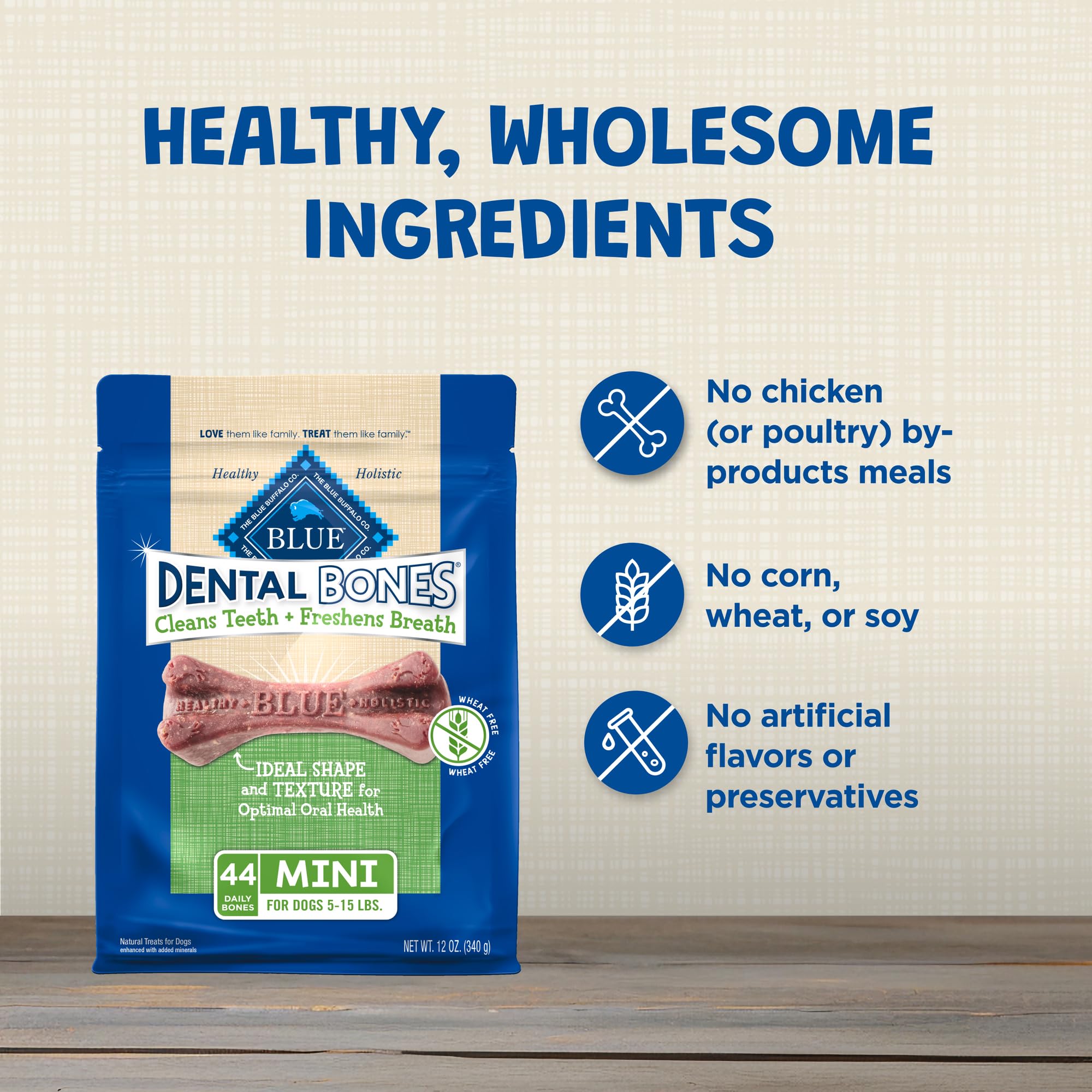 Blue Buffalo Dental Bones Mini Natural Dental Chew Dog Treats, (5-15 lbs) 12-oz Bag