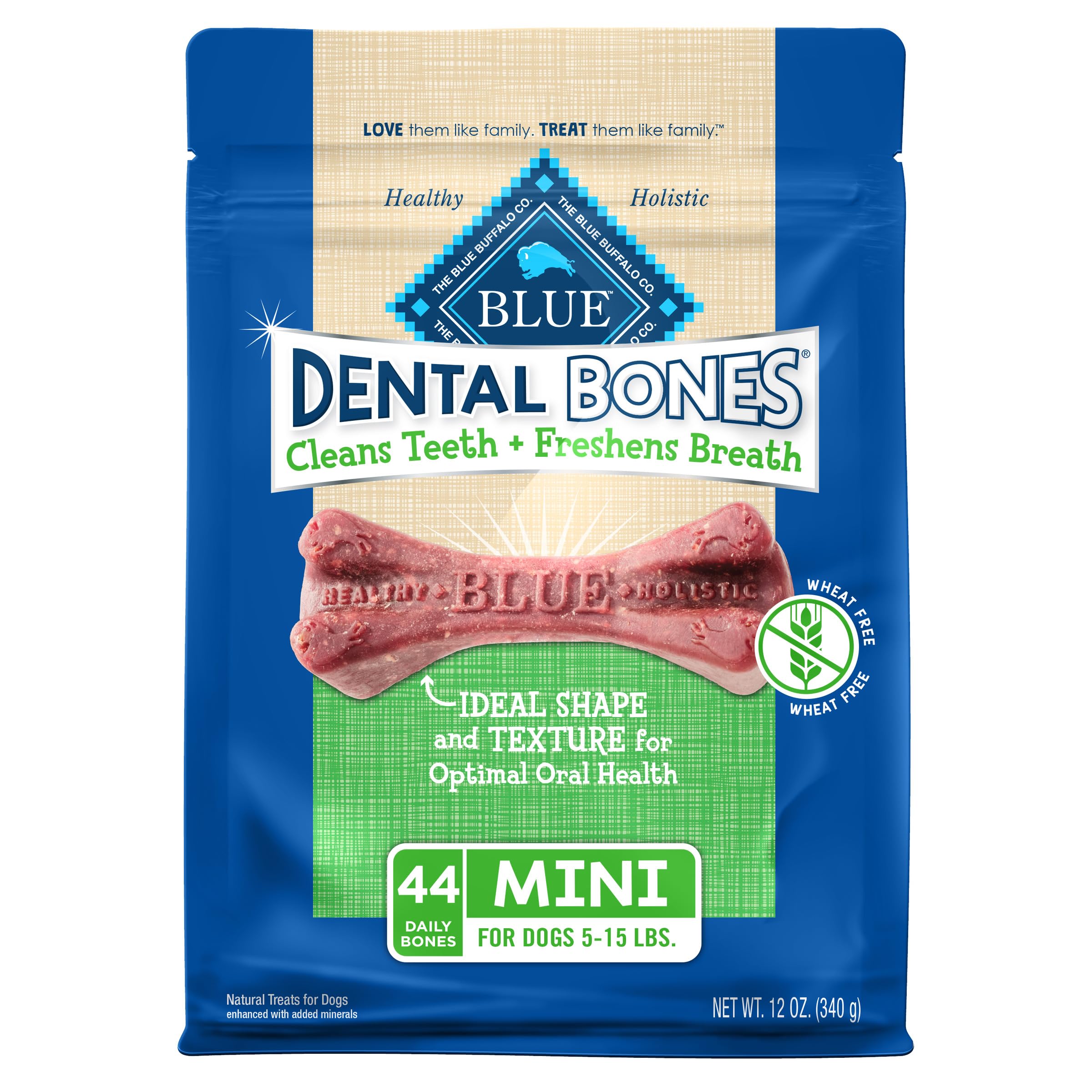 Blue Buffalo Dental Bones Mini Natural Dental Chew Dog Treats, (5-15 lbs) 12-oz Bag