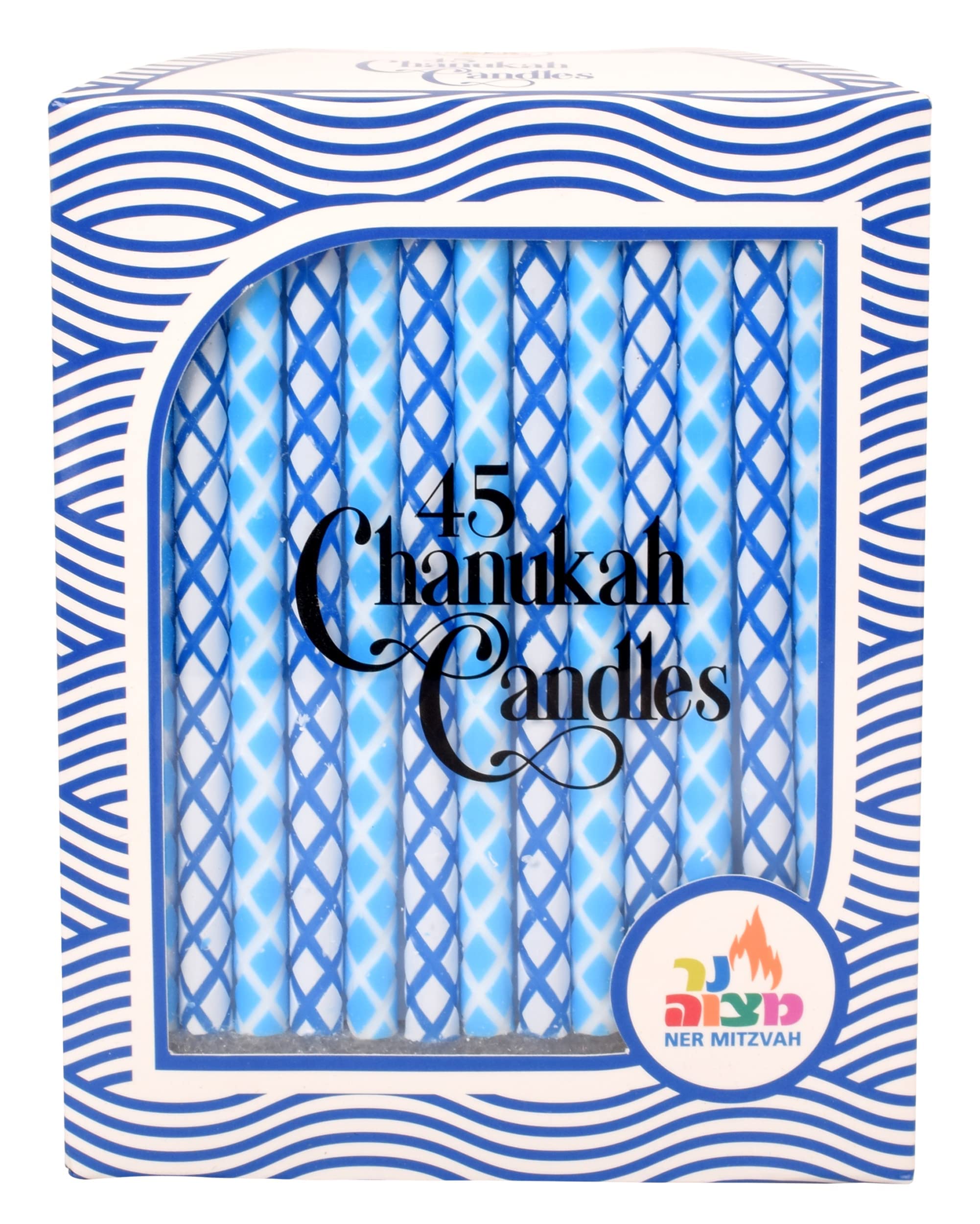 Dripless Chanukah Candles Standard Size - Diamond Etched Blue & White Hanukkah Candles Fits Most Menorahs - Premium Quality Wax - 45 Count for All 8 Nights of Hanukkah - by Ner Mitzvah