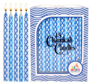 dripless chanukah candles standard size - diamond etched blue & white hanukkah candles fits most menorahs - premium quality wax - 45 count for all 8 nights of hanukkah - by ner mitzvah