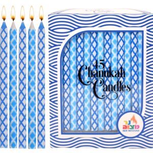 Dripless Chanukah Candles Standard Size - Diamond Etched Blue & White Hanukkah Candles Fits Most Menorahs - Premium Quality Wax - 45 Count for All 8 Nights of Hanukkah - by Ner Mitzvah