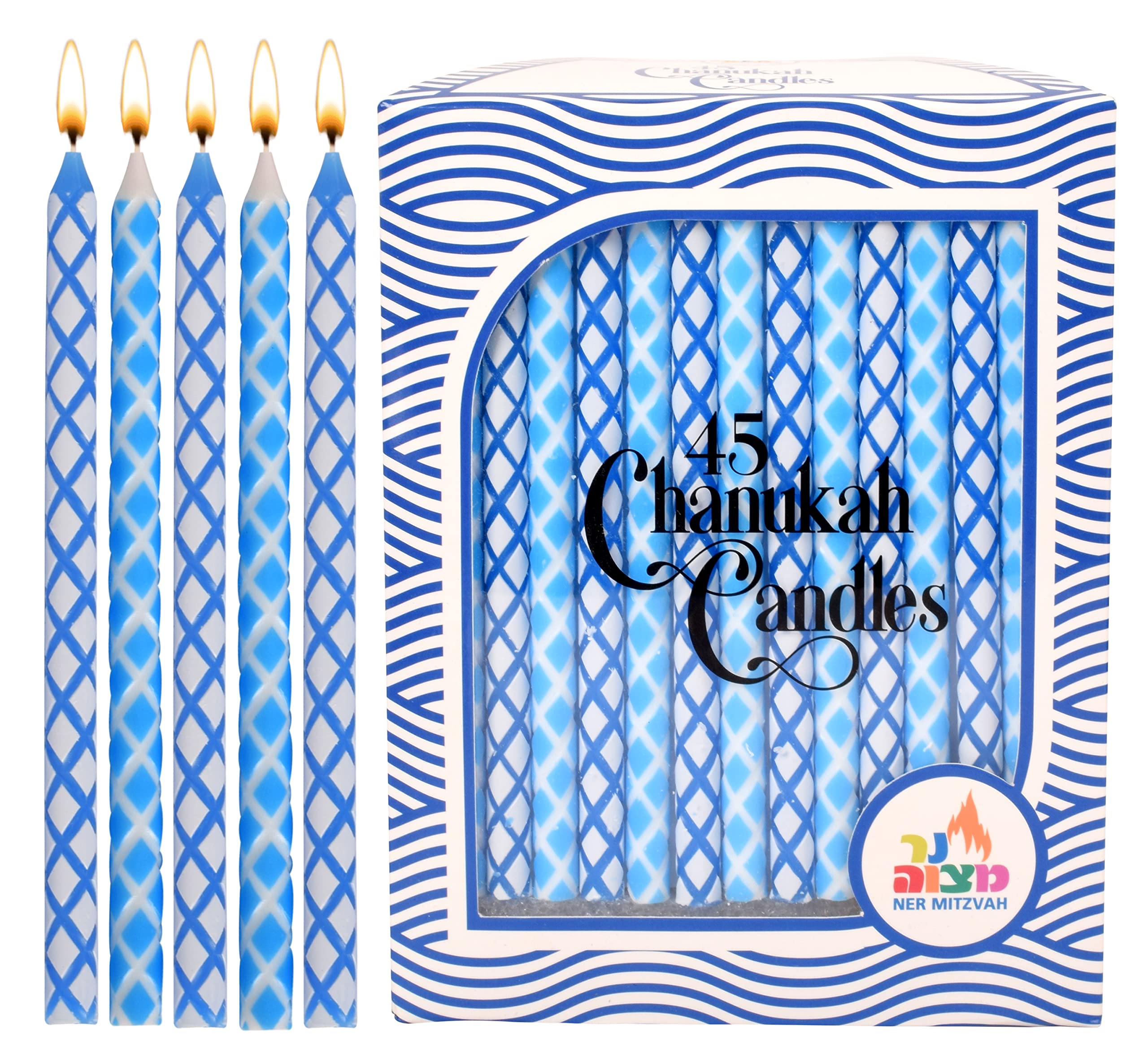 Dripless Chanukah Candles Standard Size - Diamond Etched Blue & White Hanukkah Candles Fits Most Menorahs - Premium Quality Wax - 45 Count for All 8 Nights of Hanukkah - by Ner Mitzvah