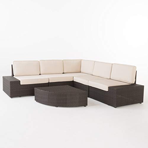 Christopher Knight Home Santa Cruz Outdoor Wicker Sectional Sofa Set with Water Resistant Cushions, 6-Pcs Set, Brown