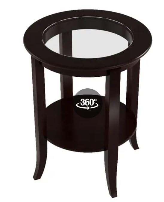 Frenchi Furniture-Wood Genoa End Table, Round Side /Accent Table , Inset Glass Espresso