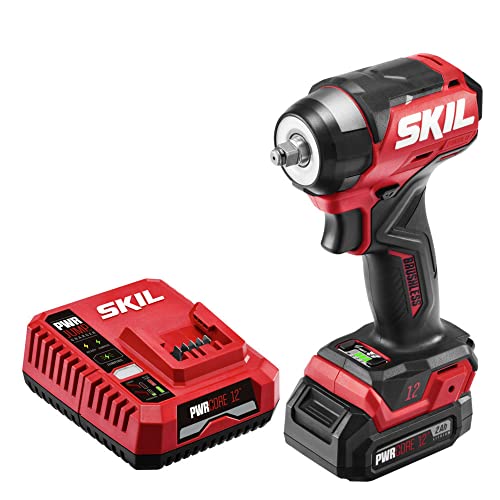 SKIL PWR CORE 12 Brushless 12V 3/8 In. Compact Impact Wrench Kit with 3-Speed & Halo Light Includes 2.0Ah Lithium Battery and PWR JUMP Charger - IW6744A-10