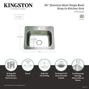 Kingston Brass GKTS252281 Studio Drop-in Kitchen Sink, 25-Inch × 22-Inch × 8-Inch, Brushed